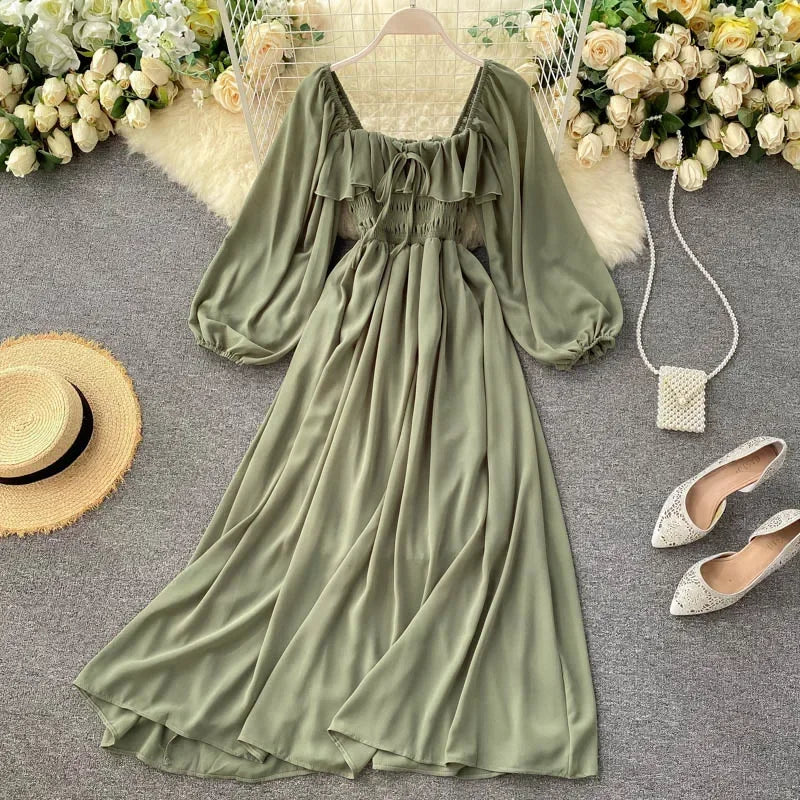 Schickes Elegantes Maxikleid mit Quadratischem Ausschnitt für Damen Einfarbiges Chiffon-Kleid mit Puffärmeln 2026 Strandparty-Kleid Vintage Rüschen-Kleid Y2k