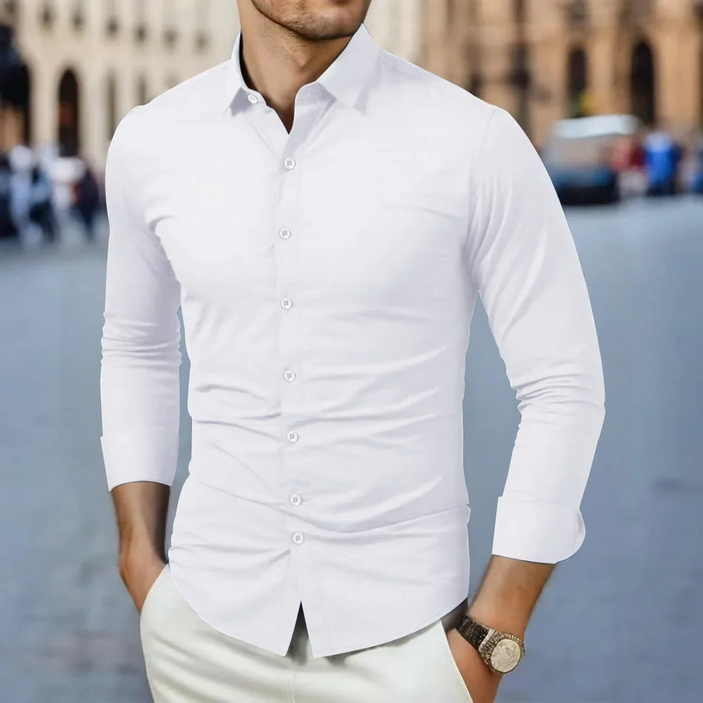 Neues, langärmliges, einfarbiges Business-Casual-Hemd für Herren, knitterfrei, knitterfrei, bequem, vielseitiges Oberteil für die ganze Saison