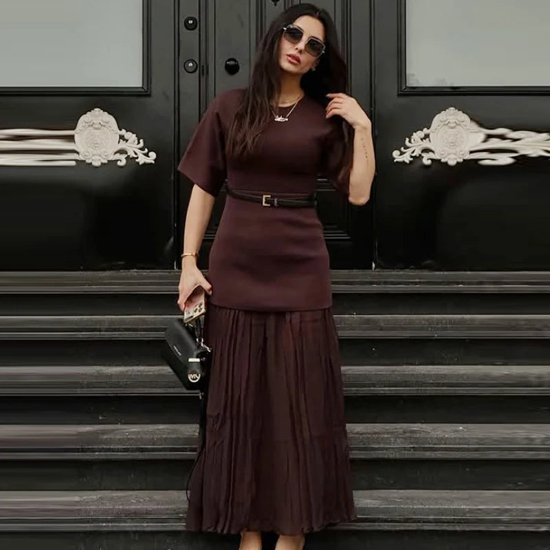 HXAO Damenkleider, braunes Plisseekleid, Sommer 2022, elegant, gestrickt, kurzärmelig, Vestidos, schick, Patchwork, O-Ausschnitt, Urlaubskleider