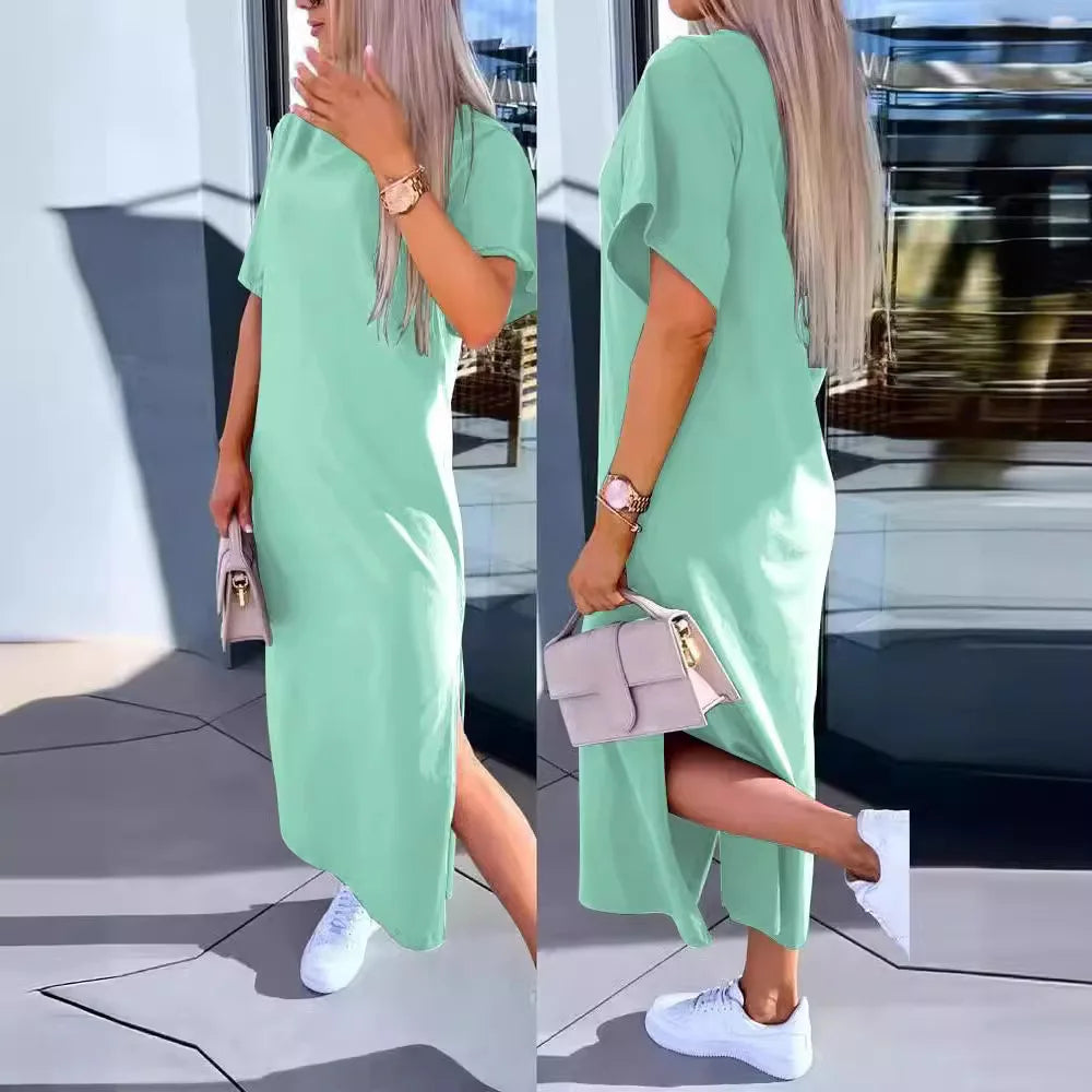 Fashion Simple O Neck Short Sleeve Solid Dress For Women New 2024 Summer Casual Loose Comfortable Split Long Dress Robe Femme