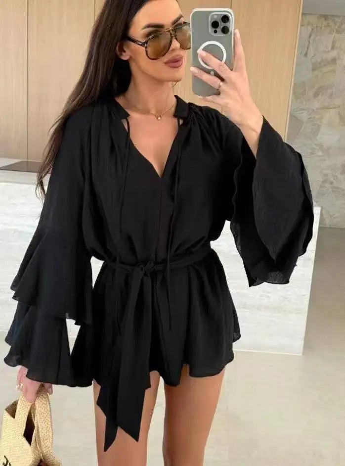 Süße ausgestellte Ärmel Kleider für Frauen 2025, sexy tiefer V-Ausschnitt, modisches Minikleid, Frühling, Sommer, Schnürung, solides Kleid, Robe Femme