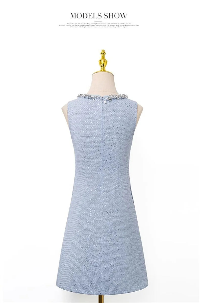 BESTBAFU Luxus Pailletten Kleine Duft Tweed Weste Kleid Frauen Herbst Winter Elegante Ärmellose Woolen A-Line Party Kleider 625P
