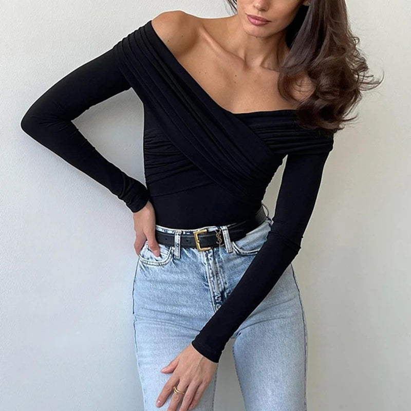 Herbst neuer 2024, sexy und modischer, schulterfreier Patchwork-Langarm-Slim-Fit-Overall mit V-Ausschnitt und schmaler Passform für Damen