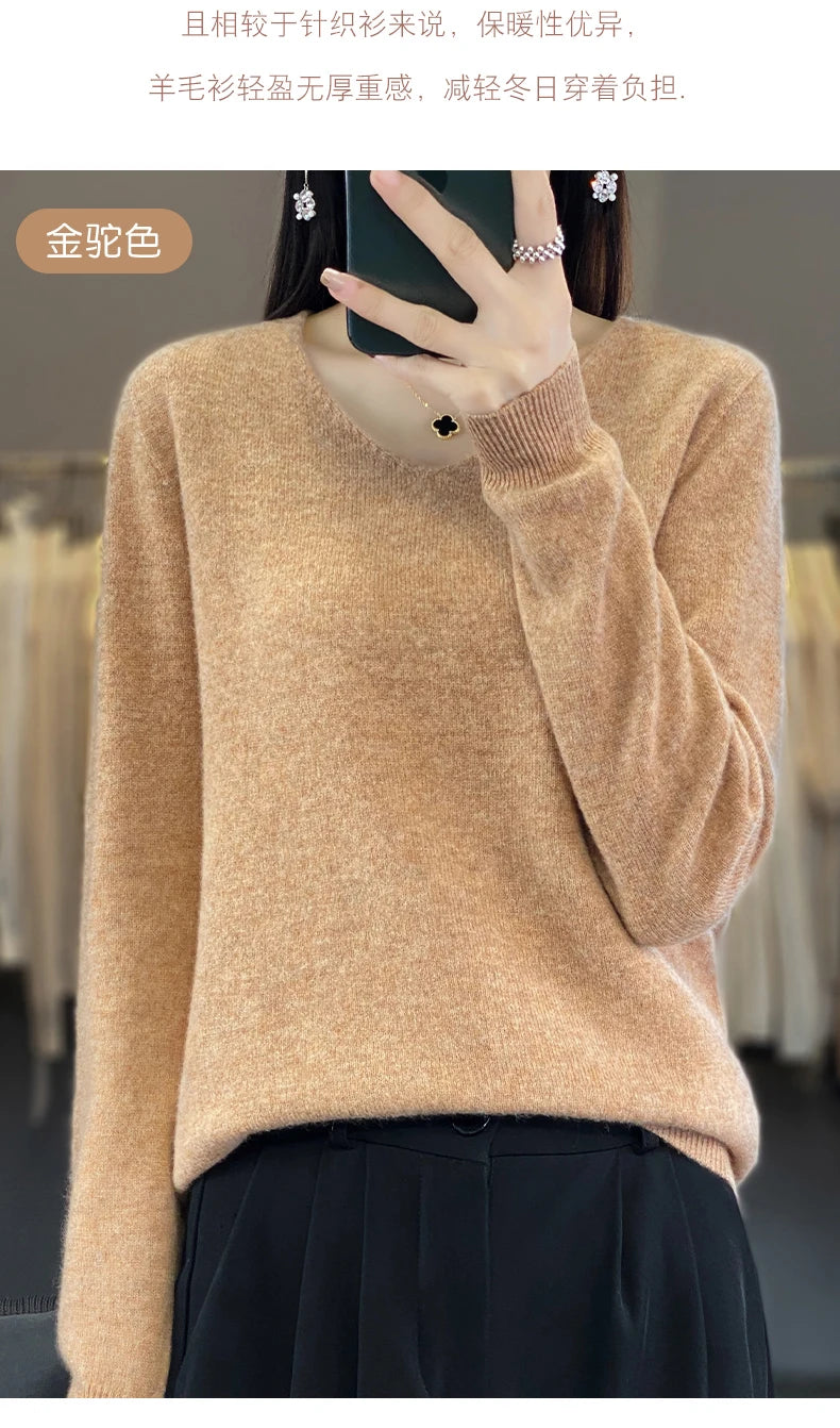 Frauen 100% Merinowolle Pullover V-Ausschnitt Basic Pullover Herbst Winter Kaschmir Kleidung Langarm weiche Strickwaren Tops einfarbig