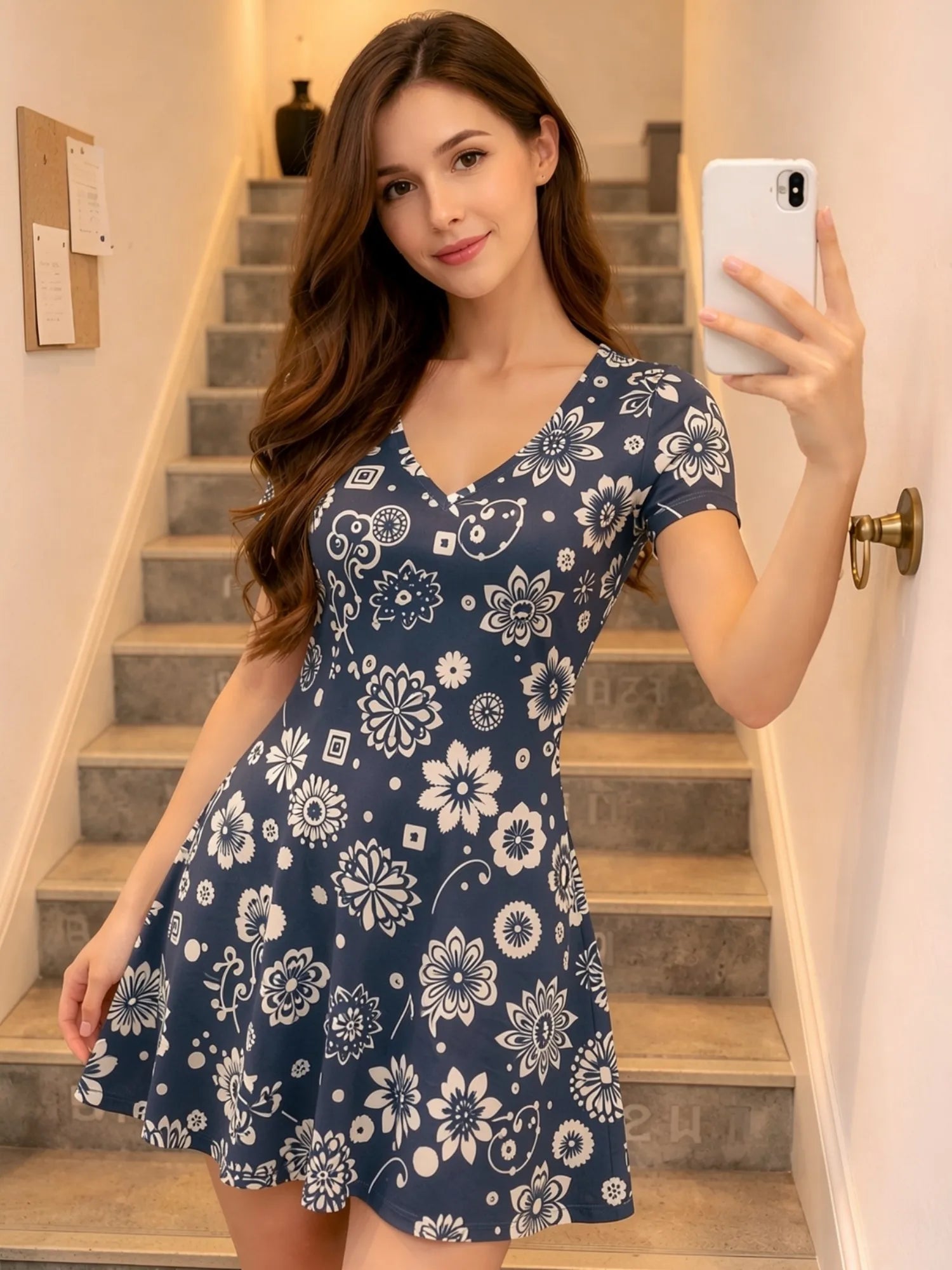 Damen-Swingkleid mit V-Ausschnitt und Blumendruck, lässiges Alltagsoutfit, luftig, weich, bequem, schick, schön, für jeden Tag, feminin, anmutig, einfach