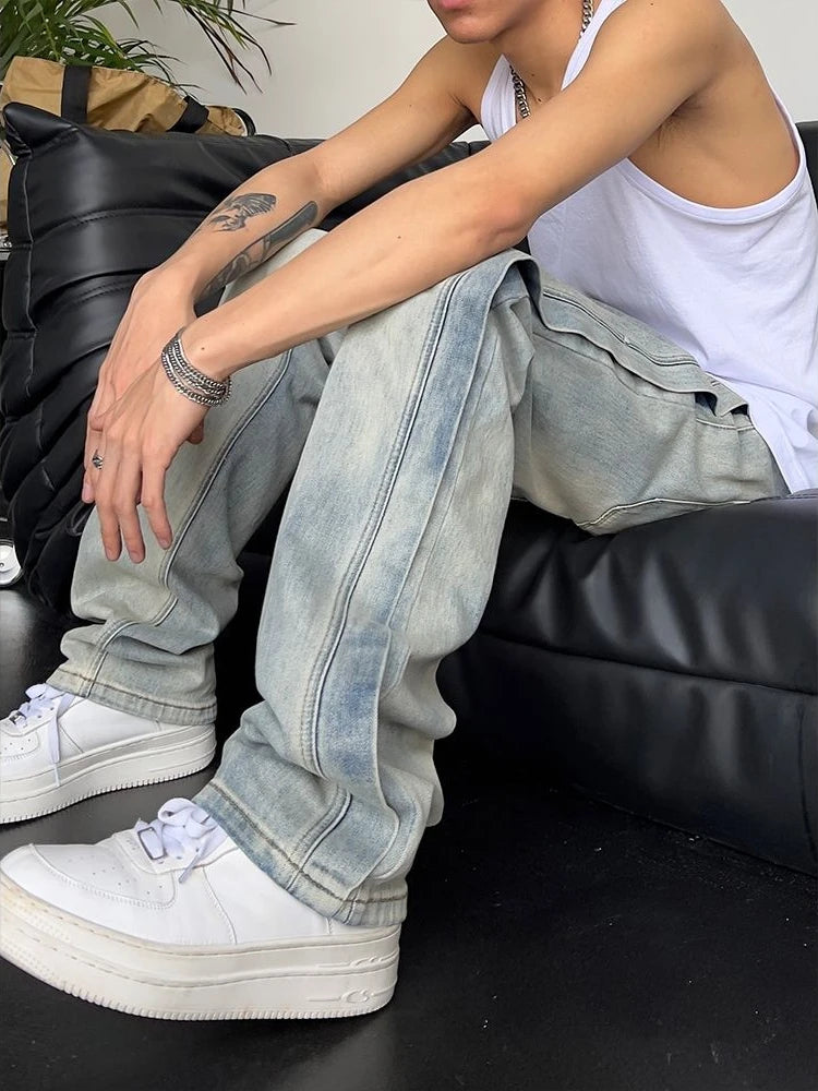 Jeans für Herren, locker, hellblau, Baggy, gerade, Cowboy-Hose, Punk, gespleißt, Y2k, Vintage-Hose, 2025, koreanischer Herbst-Trend, Baumwolle
