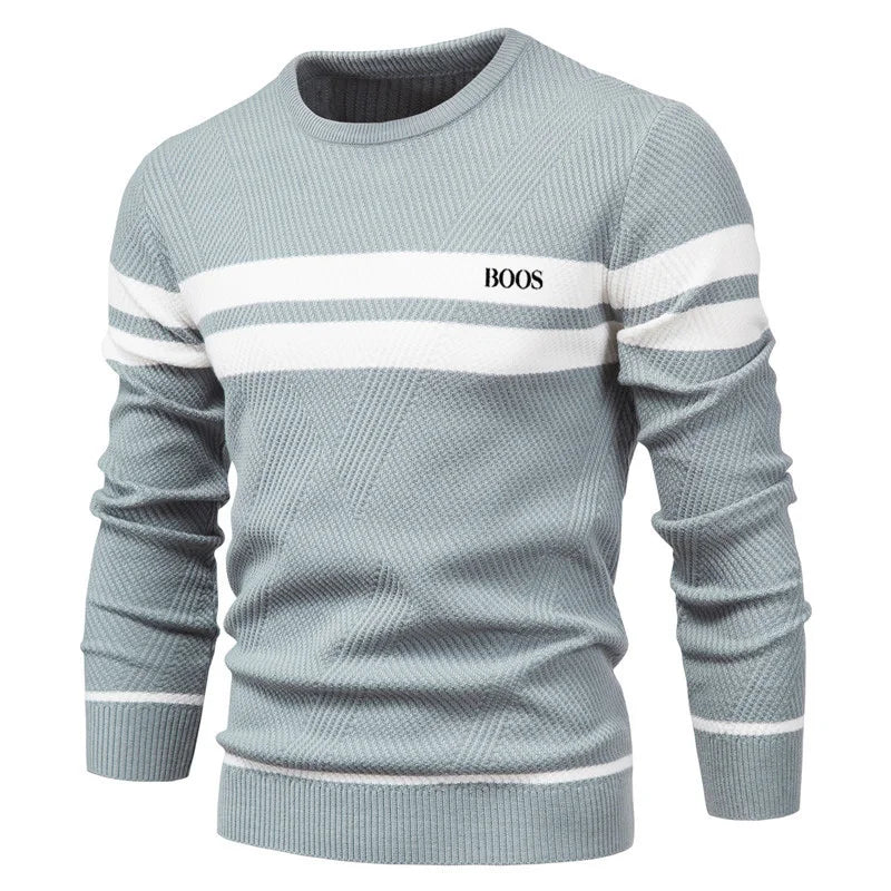 Autumn and winter men's casual striped men's sweater pullover, color blocked round neck embroidered men's European size knitted