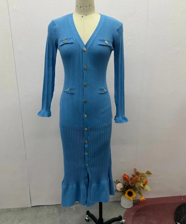 Kleid Frauen Lange Kleider Maxi Einreiher Volle Hülse V-ausschnitt Hohe Taille Schlank Party Herbst Elegante Splice Gestrickte Vestidos
