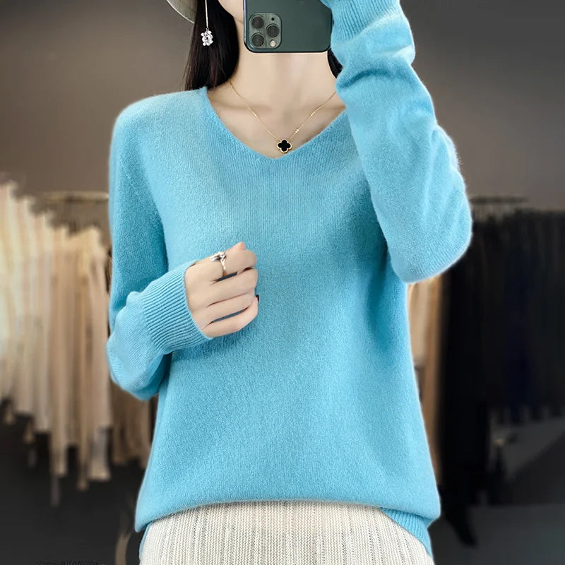 Frauen 100% Merinowolle Pullover V-Ausschnitt Basic Pullover Herbst Winter Kaschmir Kleidung Langarm weiche Strickwaren Tops einfarbig