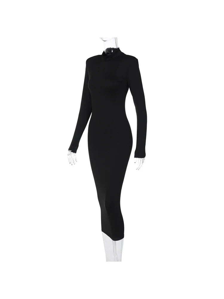 AHAgaga Winter Büro Dame Regelmäßige Sexy Bodycon Maxi Kleid Frauen Casual Langarm Schwarz Slim Kleider Frau Rollkragen Roben