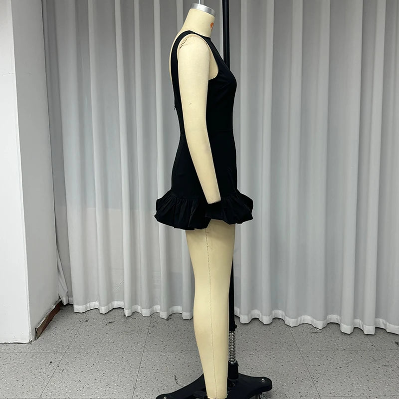 Wefads Mini Dress Women Elegant Sexy Solid Sleeveless Round Neck Nipped Waist Backless Evening Party Bubble Black Short Dresses