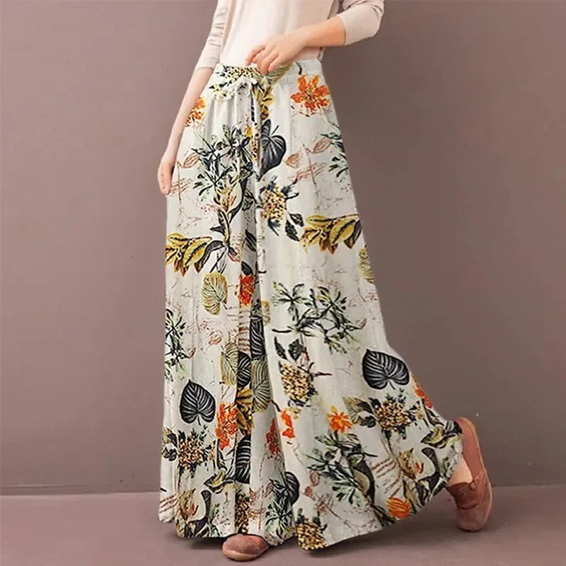 Floral Print Wide Leg Women Pants Spring Drawstring Bohemia Trousers Lady Casual Loose Elastic Waist Pantalonsw Plus Size