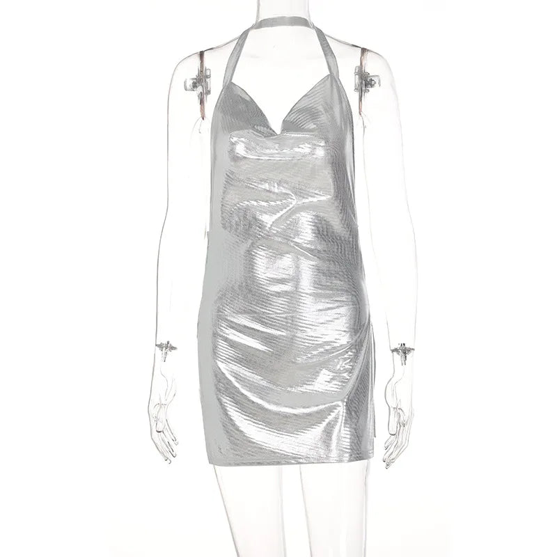 Sexy und modisches Damen-Kleid, elegant, kurz, mit hängendem Hals, rückenfrei, unten auf der Brust, Pailletten, Party-Mädchen-Tanzkleid