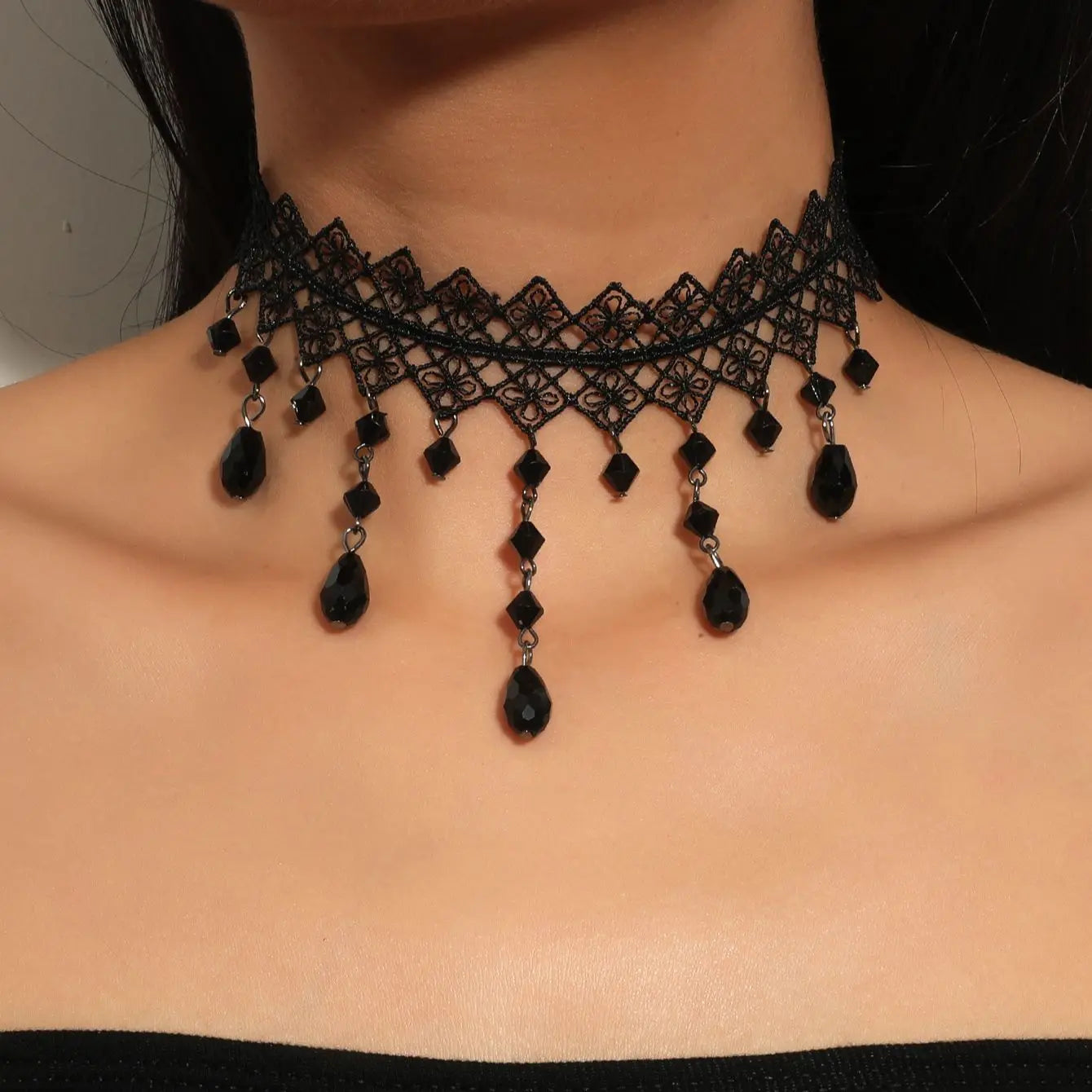 1 Px Damen-Halskette, wunderschöne schwarze Spitze, Kristallfarbe, Blumen-Halskette, Strand, Reisen, Urlaub, Mode, klassisch, personalisierter Schmuck, Abend D