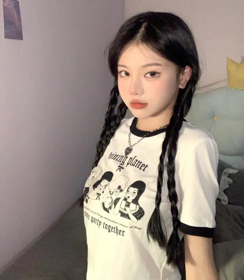 Koreanische High Street Vintage Frauen Top Rundhals Mode Brief druck Crop Top Sommer neue Frauen Kurzarm T-Shirt