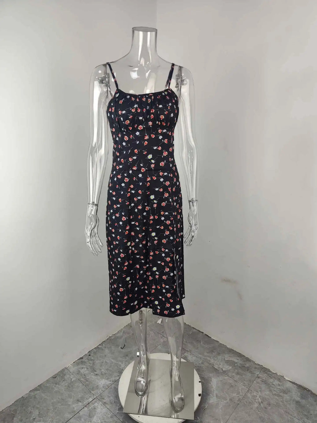Elegantes Damen-Blumenkleid für Strandurlaub und Streetwear, Sexy Tief Ausgeschnittenes Strandparty-Kleid mit Schlitz, Schickes Bodycon-Kleid Ärmellos für Damen