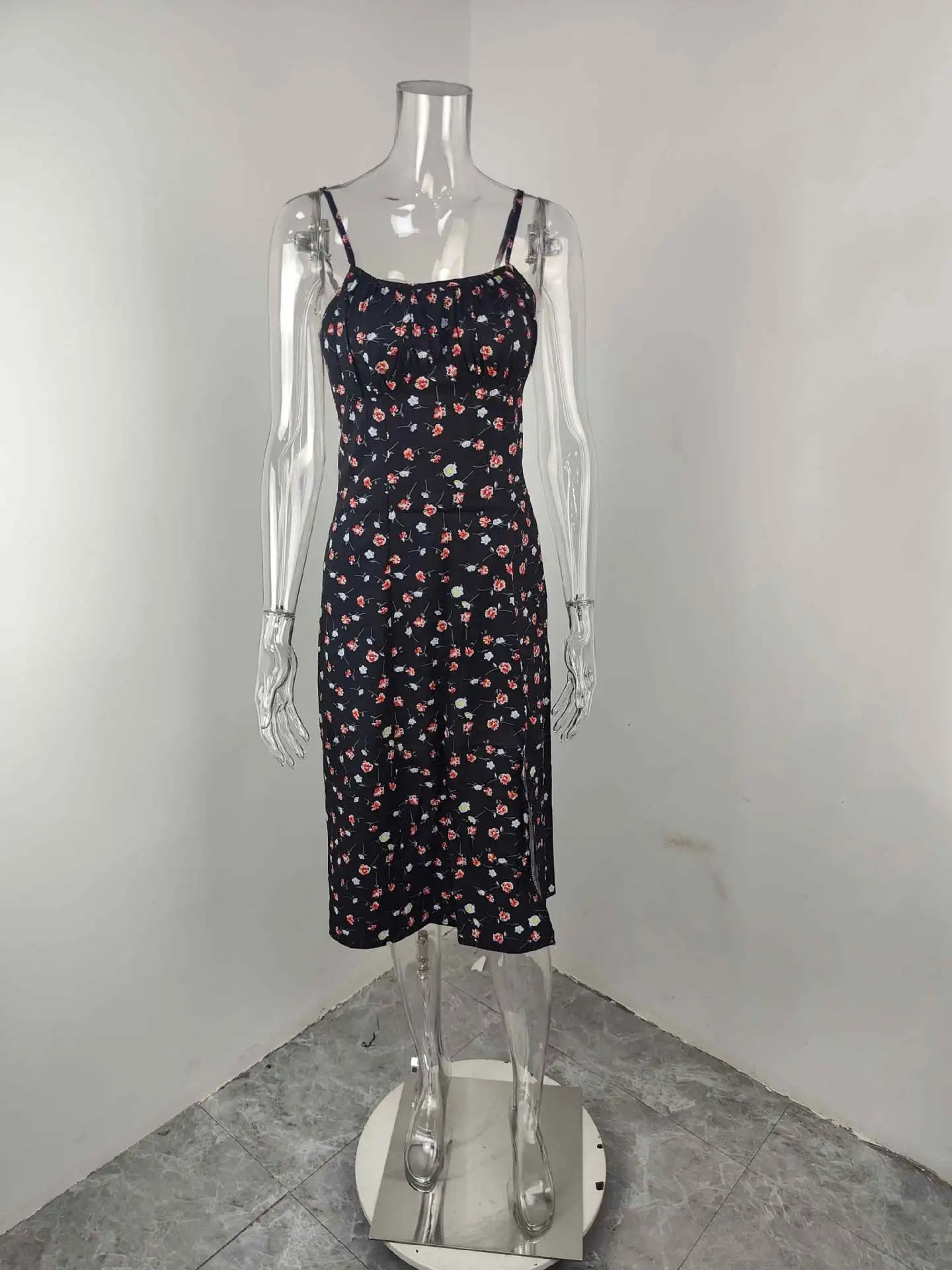 Elegantes Damen-Blumenkleid für Strandurlaub und Streetwear, Sexy Tief Ausgeschnittenes Strandparty-Kleid mit Schlitz, Schickes Bodycon-Kleid Ärmellos für Damen