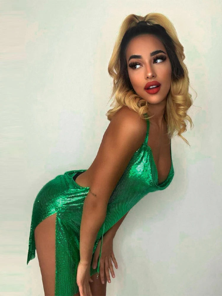 Sexy und modisches Damen-Kleid, elegant, kurz, mit hängendem Hals, rückenfrei, unten auf der Brust, Pailletten, Party-Mädchen-Tanzkleid