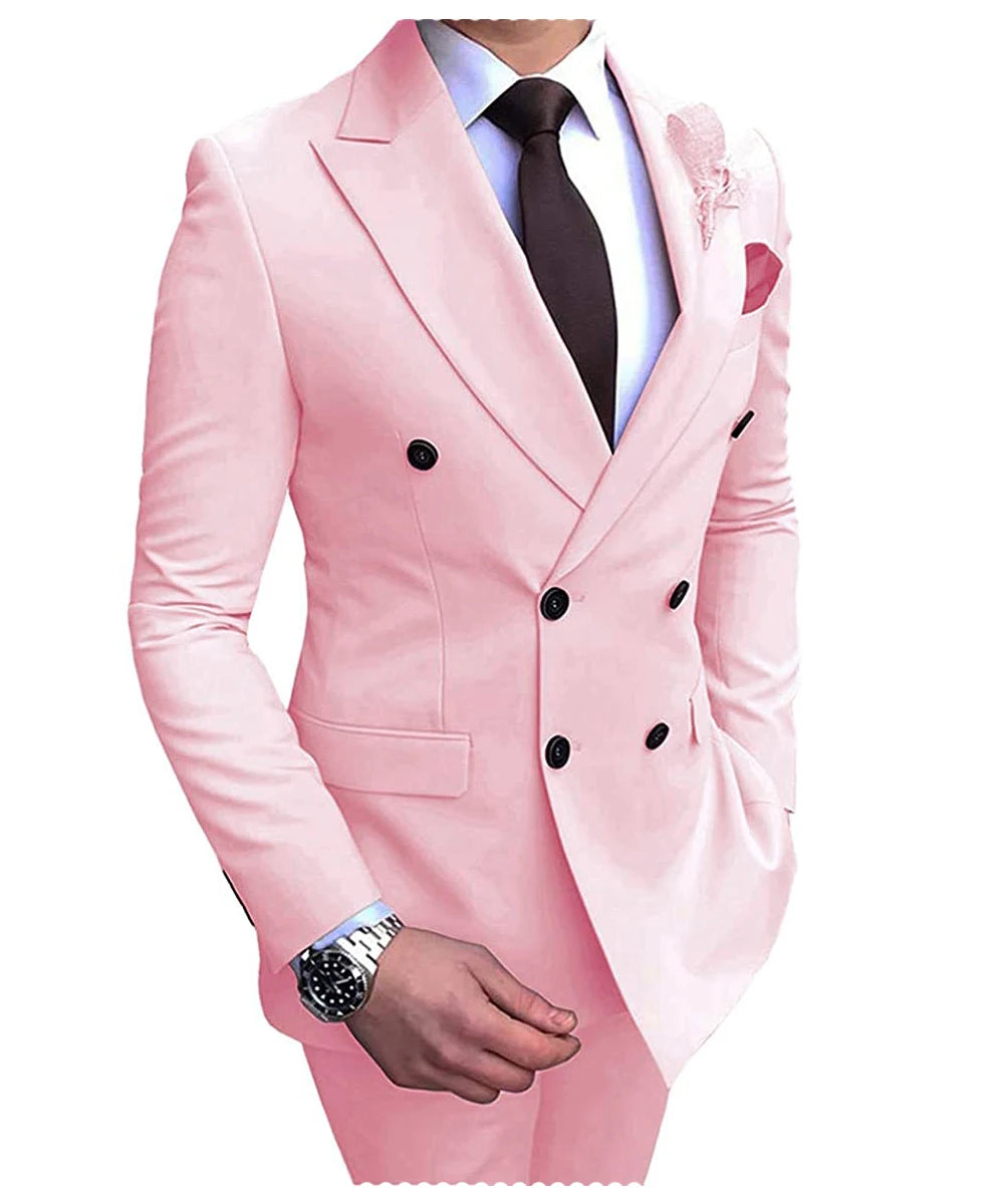 2024 Neuer beigefarbener Herrenanzug, 2-teilig, zweireihig, Reverskragen, flach, schmale Passform, lässiger Smoking für Hochzeit (Blazer + Hose)