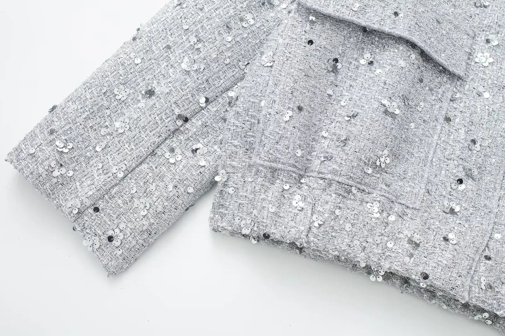 Women's Sequined Bomber Jacket Fall New Round Neck Long Sleeve Pocket Stretch Hem Sequins Jacket Coat Female Chic Outerwear