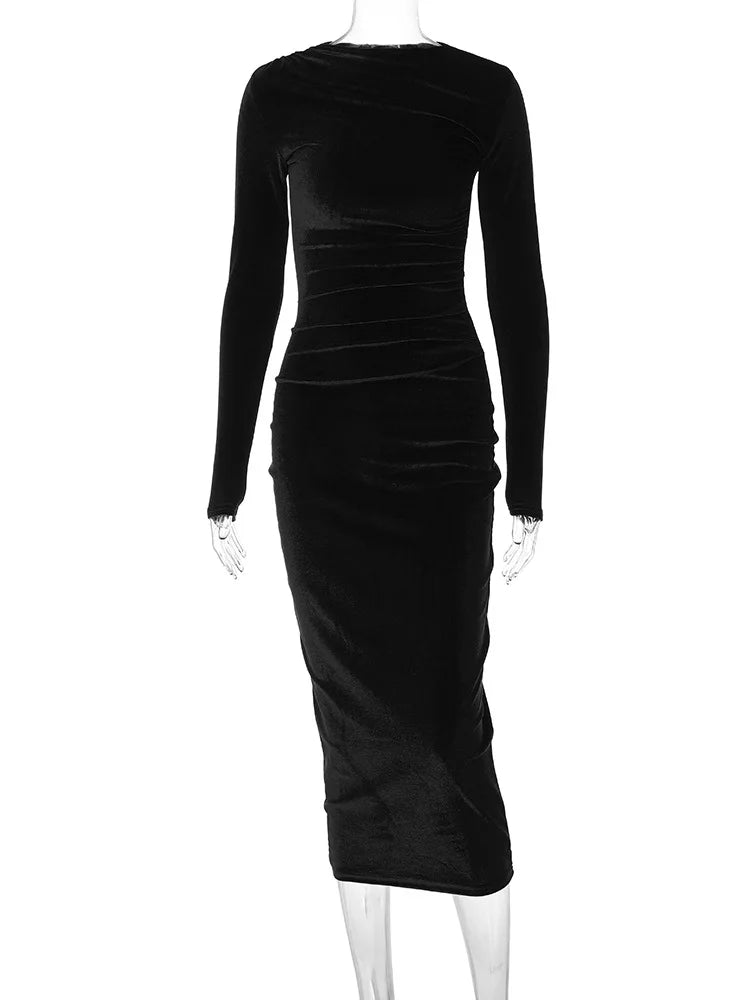 Dulzura 2024 Frühling Sommer Samt Langarm Midi Kleid Für Frauen Geraffte Lange Kleid Elegante Party Kleidung Abend Grün Outfits