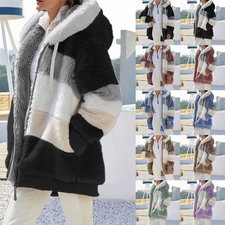 Warme Fleece-Übergroße Kapuzenjacke für Damen, Herbst und Winter, verdickte Reißverschlusstasche, Patchwork-Kleidung, bequemes Sweatshirt