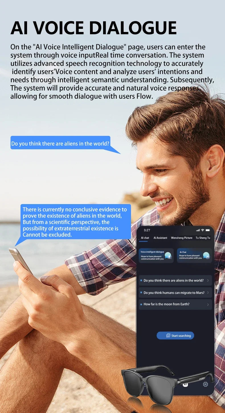 New AI Smart Glasses Intelligent Real-time Language Translator Bluetooth Wireless Headphone AI Chat Smart Sunglasses Men Wome