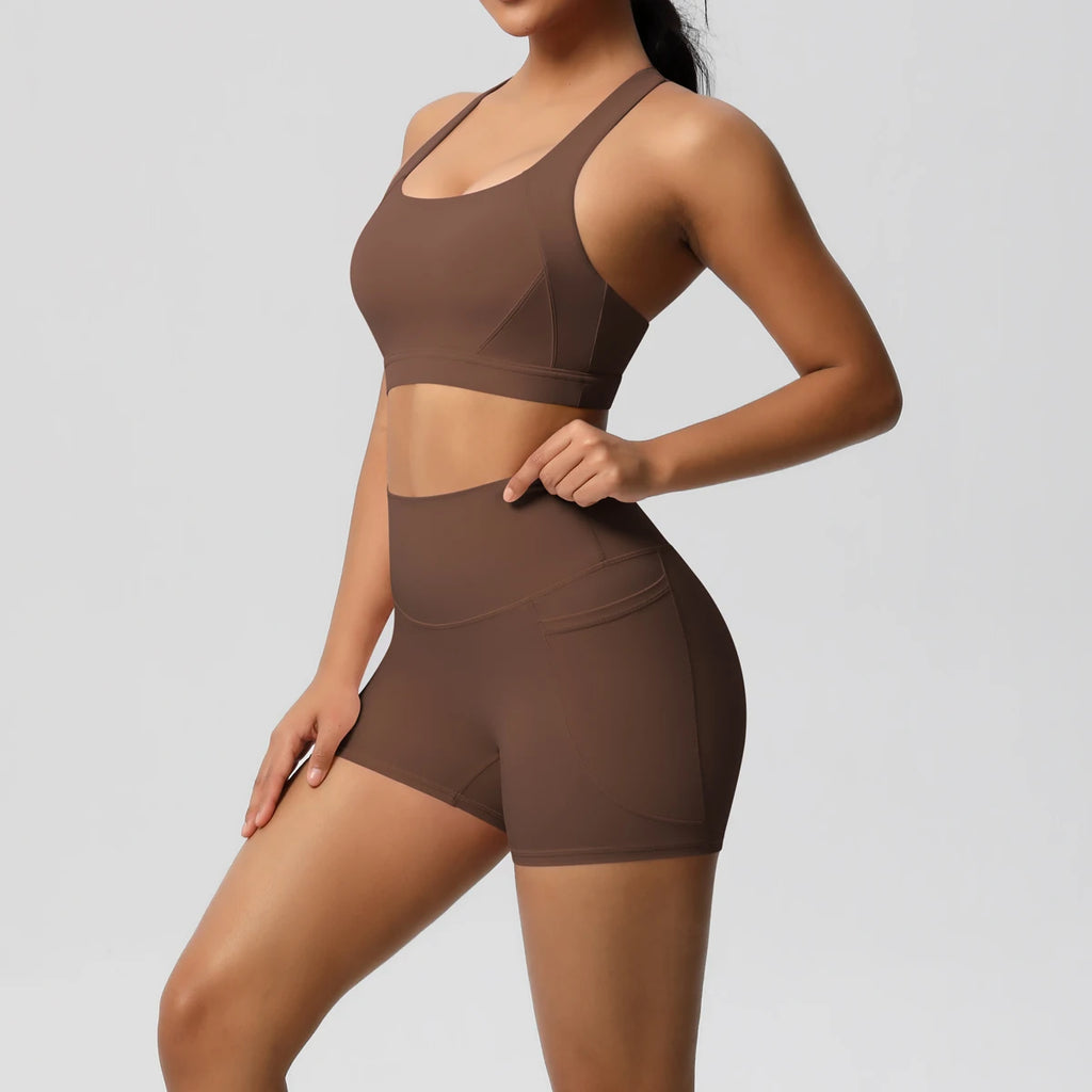 2PCS Sportswear Mit Taschen Yoga Set Gymnastik Kleidung Yoga Anzüge Für Frauen Trainingsanzüge Sport Shorts Crossover Bh Gym Leggings