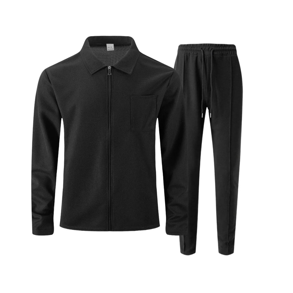 2026 Neue Herren Frühling-Herbst Karierte Strickjacke mit Reißverschlusskragen und Hosen-Set (mit Taschen)