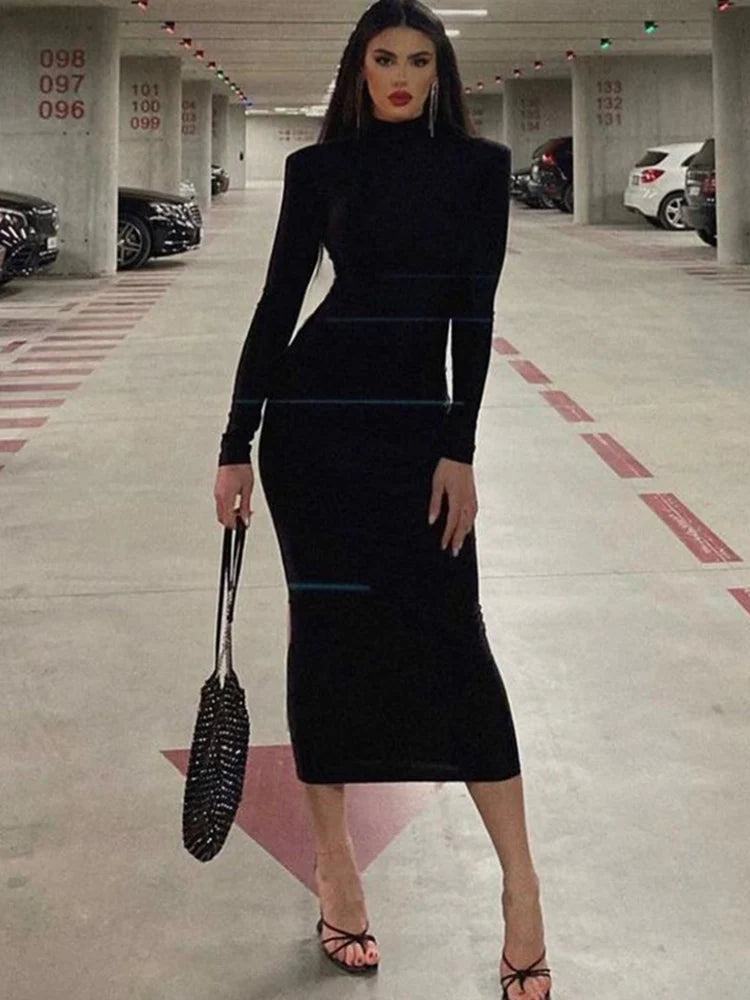 AHAgaga Winter Büro Dame Regelmäßige Sexy Bodycon Maxi Kleid Frauen Casual Langarm Schwarz Slim Kleider Frau Rollkragen Roben