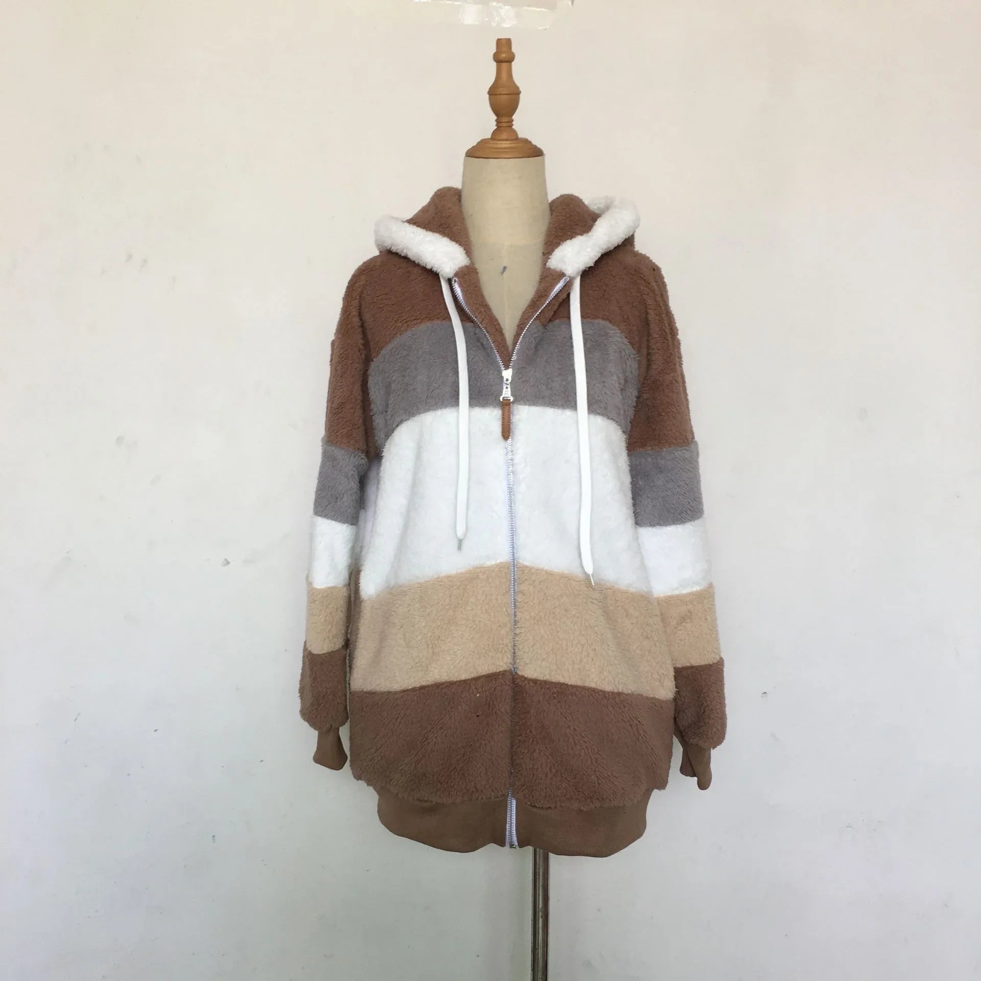 Warme Fleece-Übergroße Kapuzenjacke für Damen, Herbst und Winter, verdickte Reißverschlusstasche, Patchwork-Kleidung, bequemes Sweatshirt