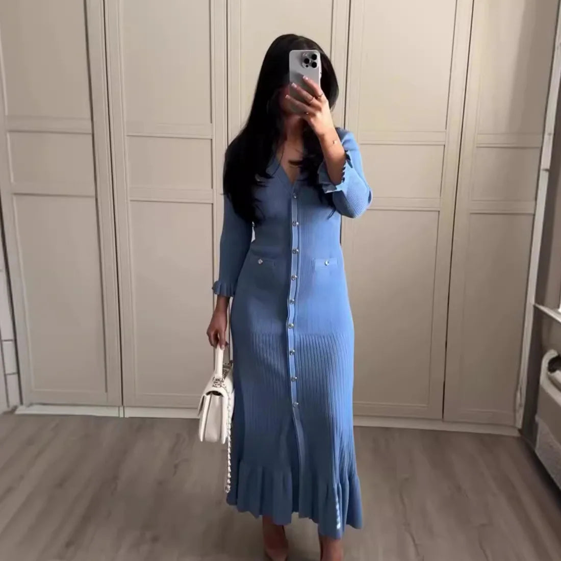 Kleid Frauen Lange Kleider Maxi Einreiher Volle Hülse V-ausschnitt Hohe Taille Schlank Party Herbst Elegante Splice Gestrickte Vestidos