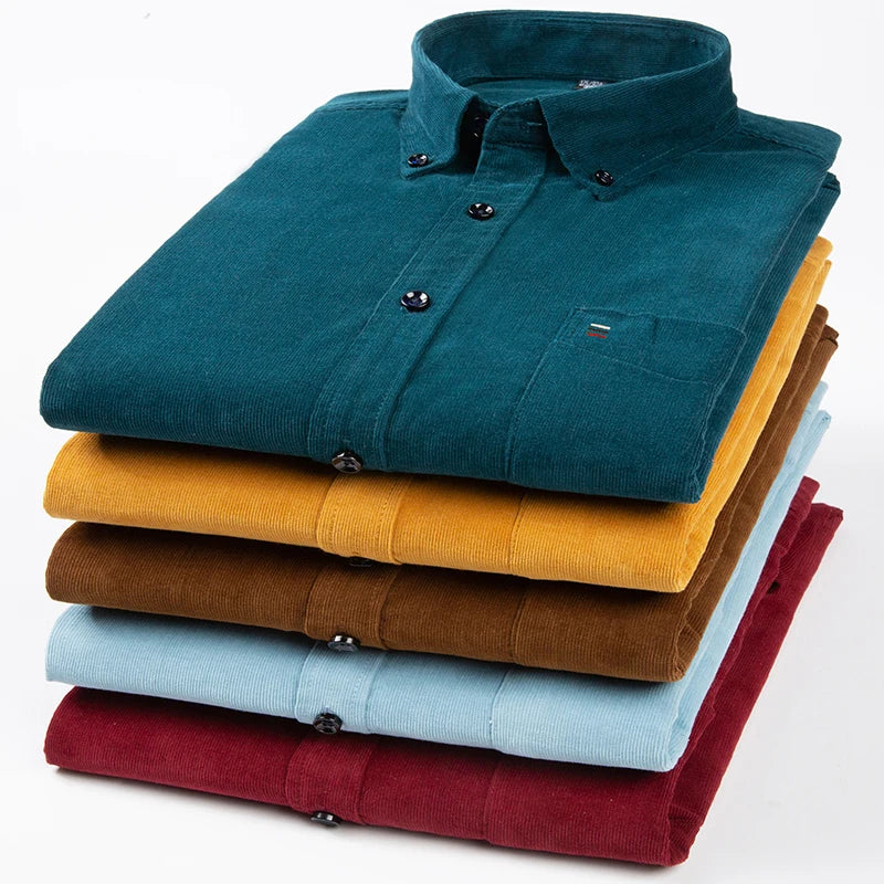 Neue Herrenhemden aus reiner Baumwoll-Cord, modisch, Business-Casual, bequem, extra Größe, einfarbig, langärmelig, Herrenbekleidung