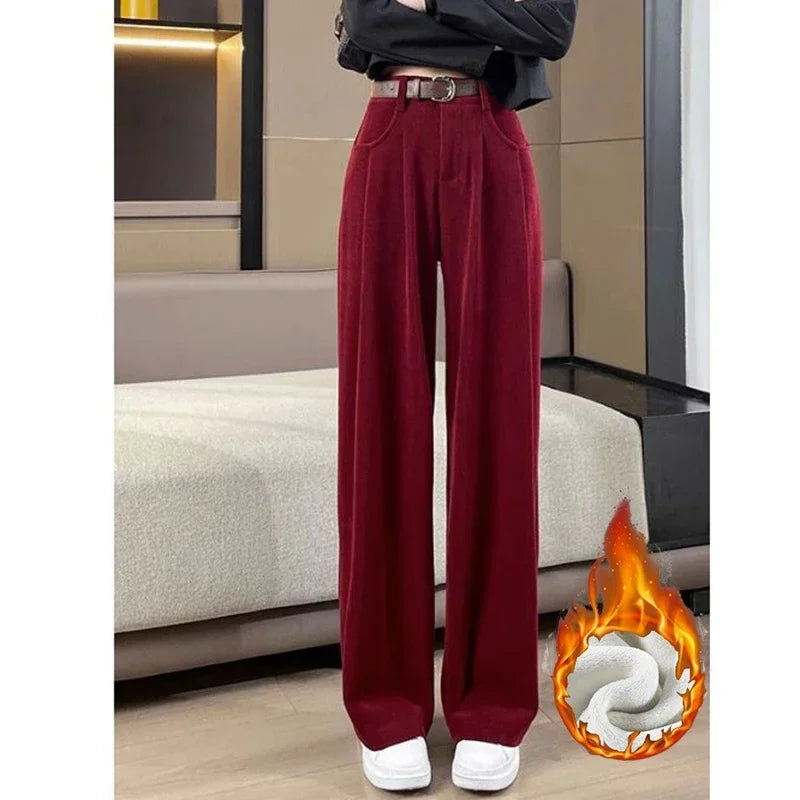 Heißer Verkauf Winter Dame Schnee Warme Hosen Mädchen Klassische Fleece Hohe Taille Hose Frauen Gerade Bein Plüsch Thermische Casual Hosen