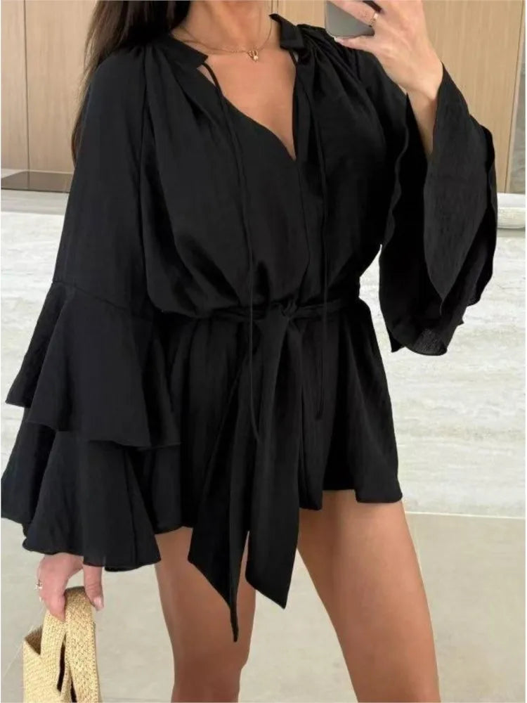Süße ausgestellte Ärmel Kleider für Frauen 2025, sexy tiefer V-Ausschnitt, modisches Minikleid, Frühling, Sommer, Schnürung, solides Kleid, Robe Femme