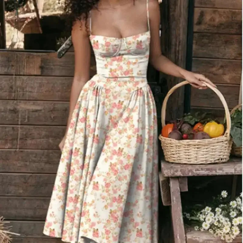 Sommer Sexy Frauen Kleid Böhmen Lange Kleider Luxus Elegante V-ausschnitt Ärmellose Slip Blume Strand Sommerkleid Kleid für Weibliche 2025