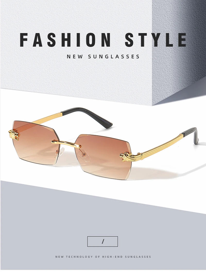 Damen Metallrahmenlose Sonnenbrille Hochwertige Luxusmarke Klassische Casual Sandfarbene Sonnenschutz-Brille Unisex Outdoor-Sport-Sonnenbrille