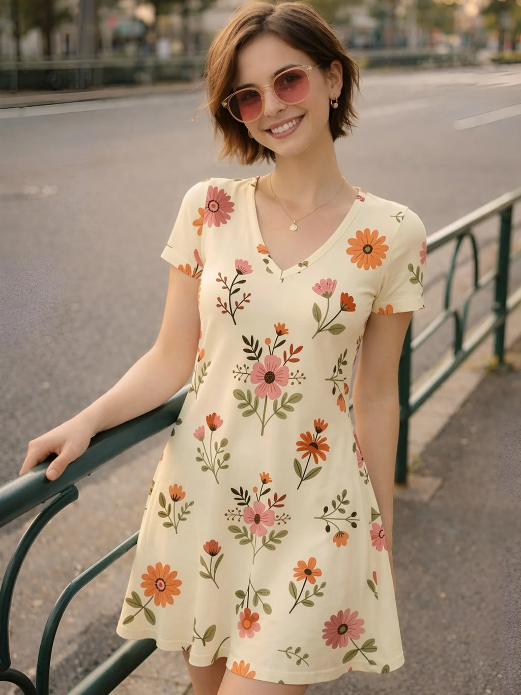 Damen-Minikleid mit V-Ausschnitt und Blumendruck, kurzärmelig, lässig, für den Alltag, Urlaub, Sommerkleid, Outfit, Garderobe, elegant, luftig, weich, bequem, schick