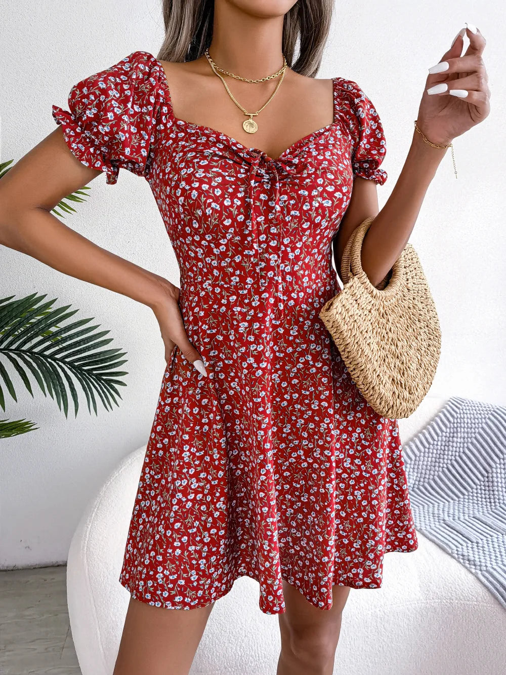 Sommer Blumendruck Kurzes Kleid Bufftrly Ärmel Retro Damenkleider Mode Lässig Square Neck Tunika Strandkleid Elegant Chic