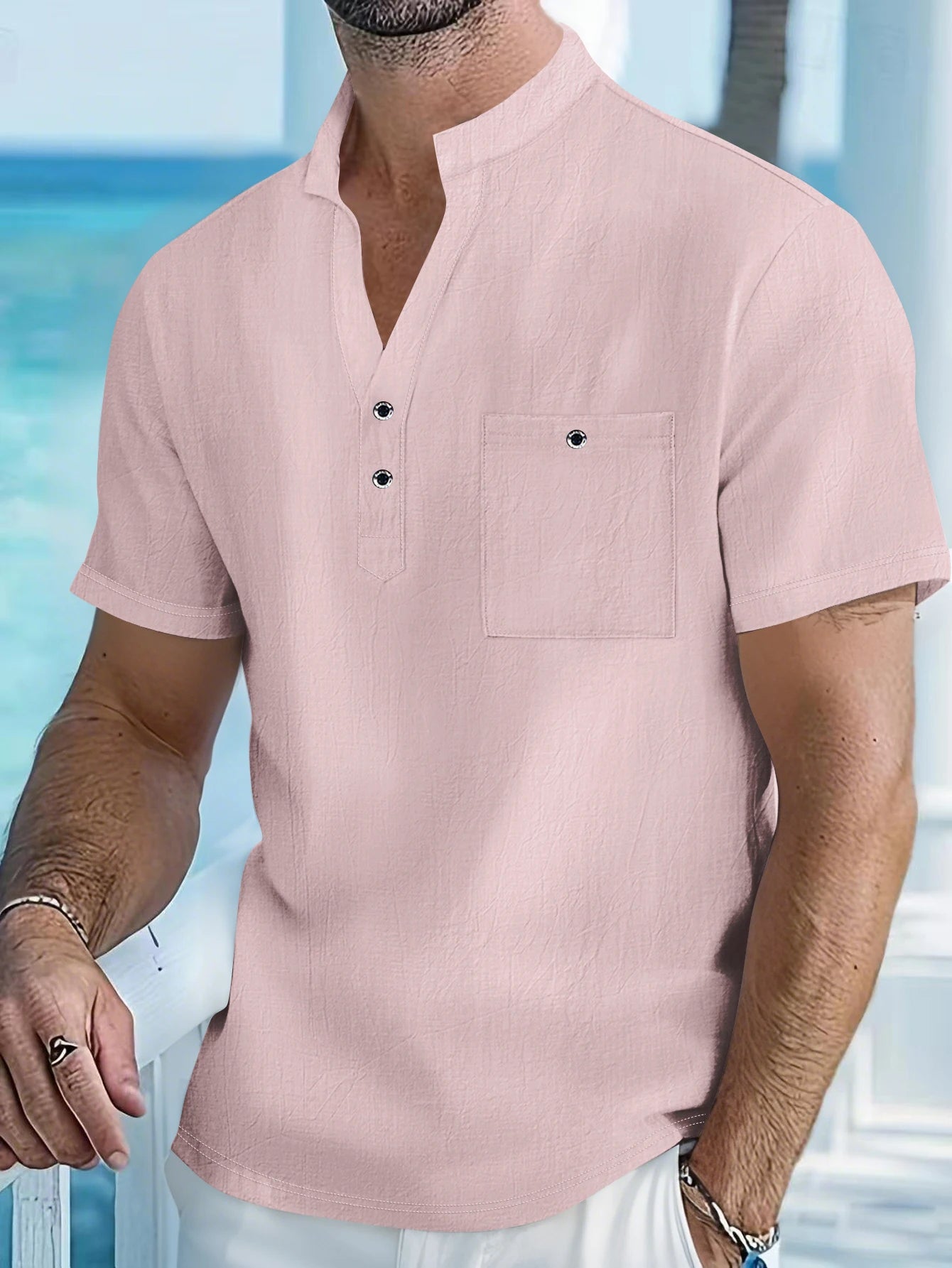 Herren-Kurzarmhemd aus Baumwollleinen mit Stehkragen und Knopfleiste mit halbem Knopfleiste – lässige Outdoor-Freizeitkleidung für Frühling und Sommer