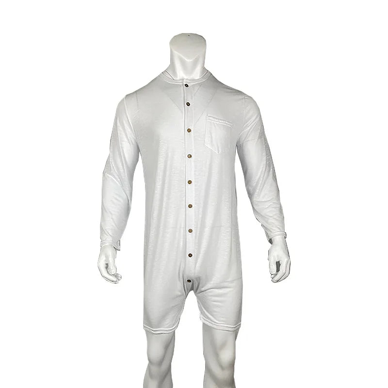 Neue 2024 Sommer-Pyjama-Sets in einfarbiger Farbe mit sexy langärmeligem Body und engem Overall für Herren
