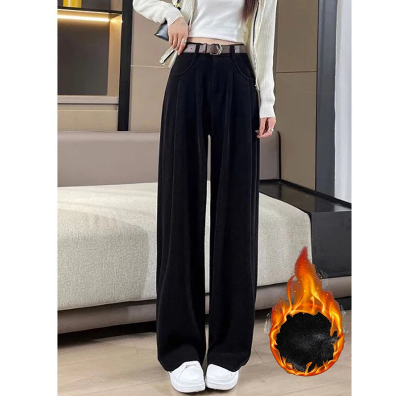 Heißer Verkauf Winter Dame Schnee Warme Hosen Mädchen Klassische Fleece Hohe Taille Hose Frauen Gerade Bein Plüsch Thermische Casual Hosen
