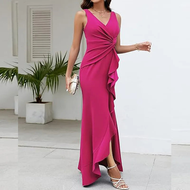 Sexy Schlitz, Rüschen, ärmellos, Abendkleider für Damen, modisch, V-Ausschnitt, schlank, plissiert, elegantes weibliches Maxi-langes Kleid 2025,