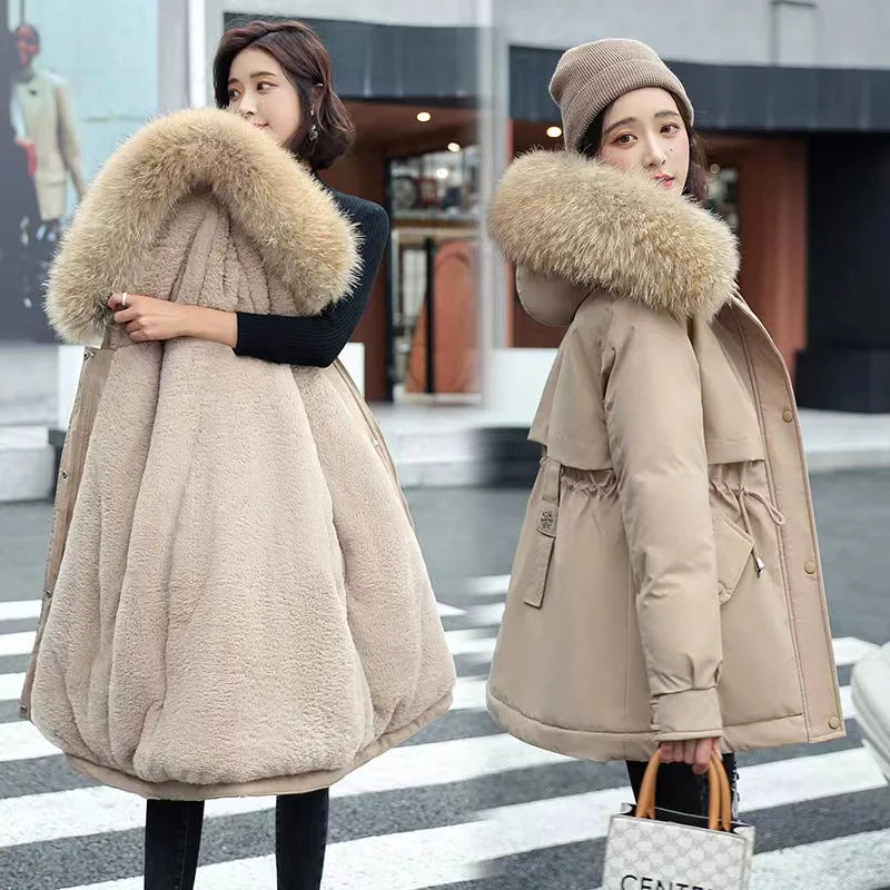 Frühling Parkas Frauen Mäntel Mittlere Länge Mantel Dicke Warme Mit Kapuze Kordelzug Jacken Splice Zipper Enge Taille Jacke Herbst Winter