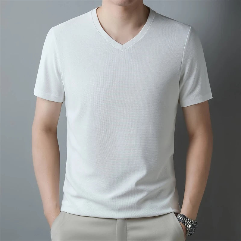 2024 Herren Neues Waffel-T-Shirt mit V-Ausschnitt und kurzen Ärmeln, Sommer, bequemes Oberteil