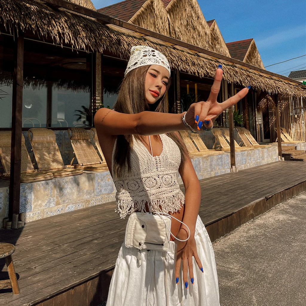 Boho Häkel-Neckholder-Top für Damen, Sommer-Strand-Strick-Crop-Top mit Quasten, rückenfrei, ärmellos, Bralette