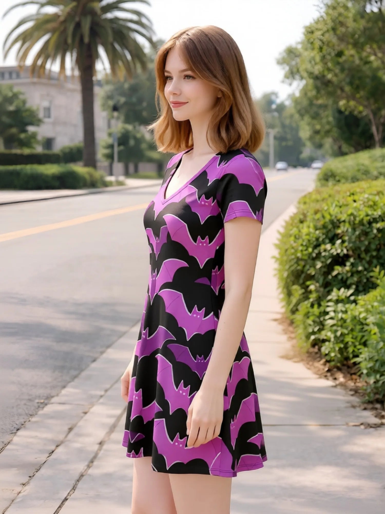 Damen-Kleid mit V-Ausschnitt und kurzen Ärmeln, Blumenmuster, lässig, für Wochenendreisen, Sommer, Sonnenkleid, Outfit, süß, modern, niedlich, frisch, Freizeit, Alltag, Party
