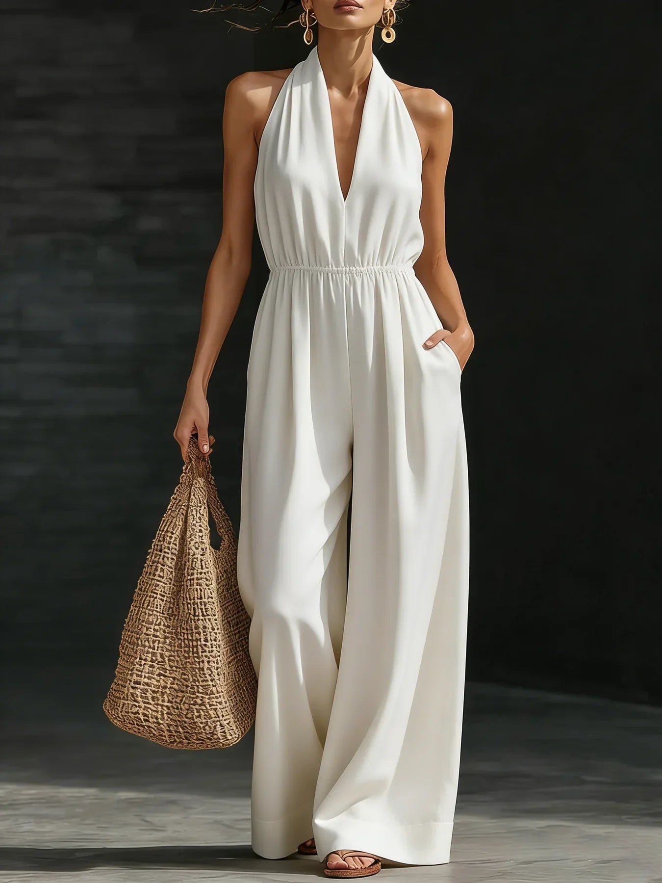 Damen 2026 Neuer V-Ausschnitt Neckholder-Jumpsuit – Designer-Overall im französischen Stil mit weitem Bein, schicker Büro-Casual-Einteiler