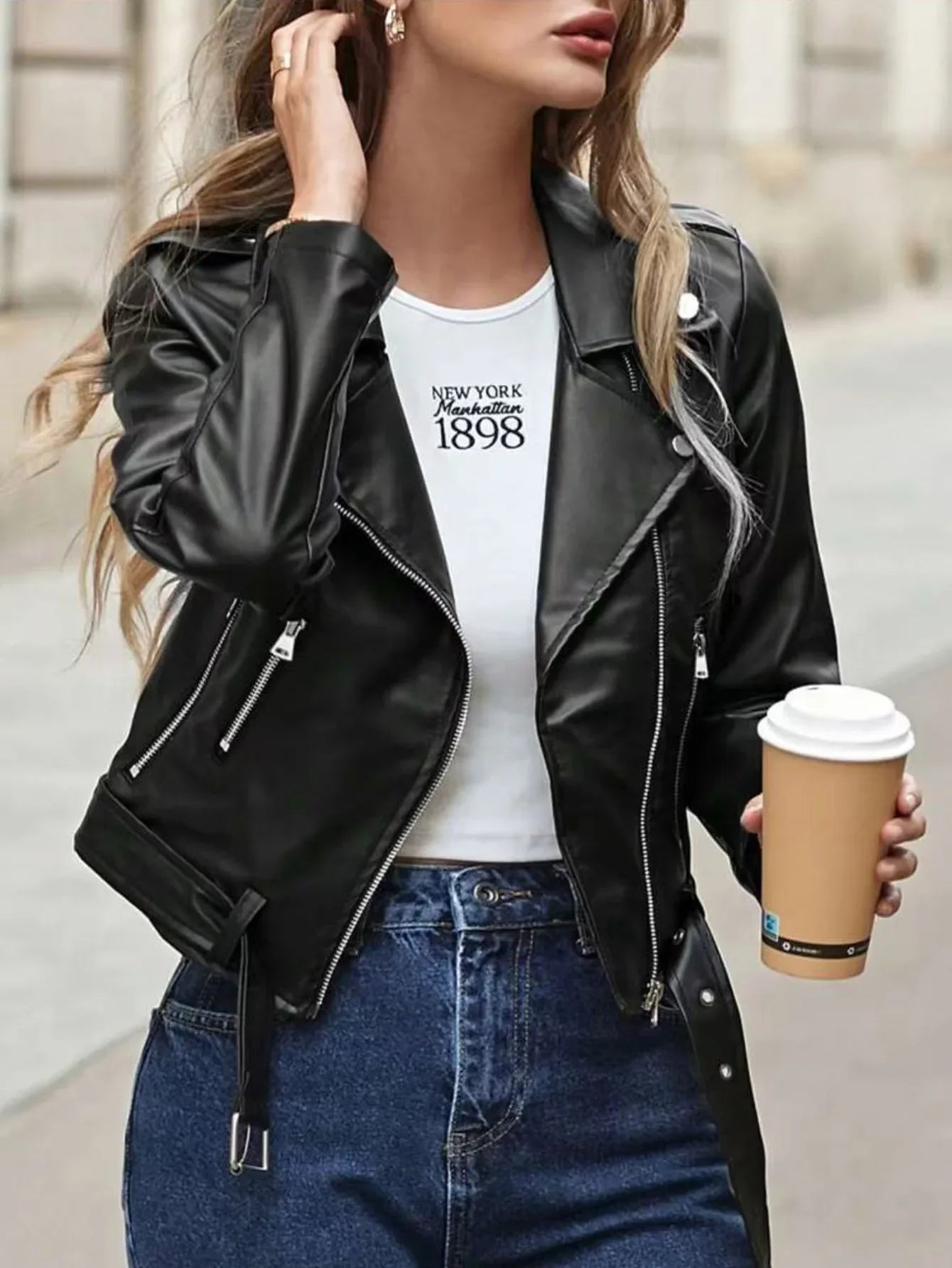 Black Short Motorcycle Jacket Women's Slim Fit PU Leather Coat Fake Leather Zipper Collar Full Sleeve Origin China Male Fashion