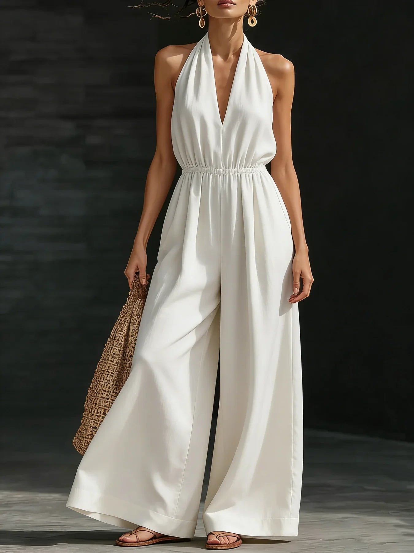 Damen 2026 Neuer V-Ausschnitt Neckholder-Jumpsuit – Designer-Overall im französischen Stil mit weitem Bein, schicker Büro-Casual-Einteiler